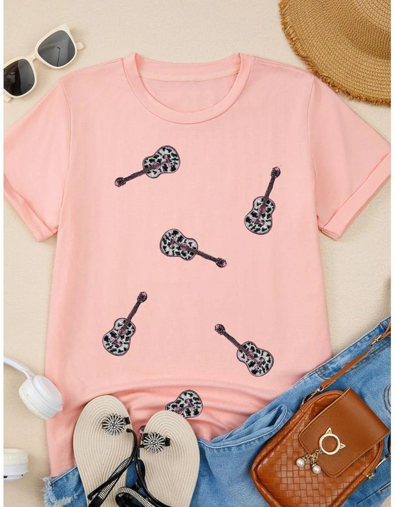 Pink Leopard Guitar Sequin Patch Crew Neck Tee