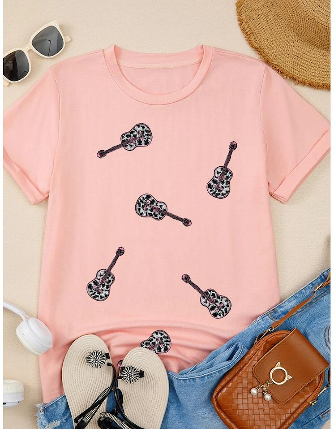 Pink Leopard Guitar Sequin Patch Crew Neck Tee, 7 of 6