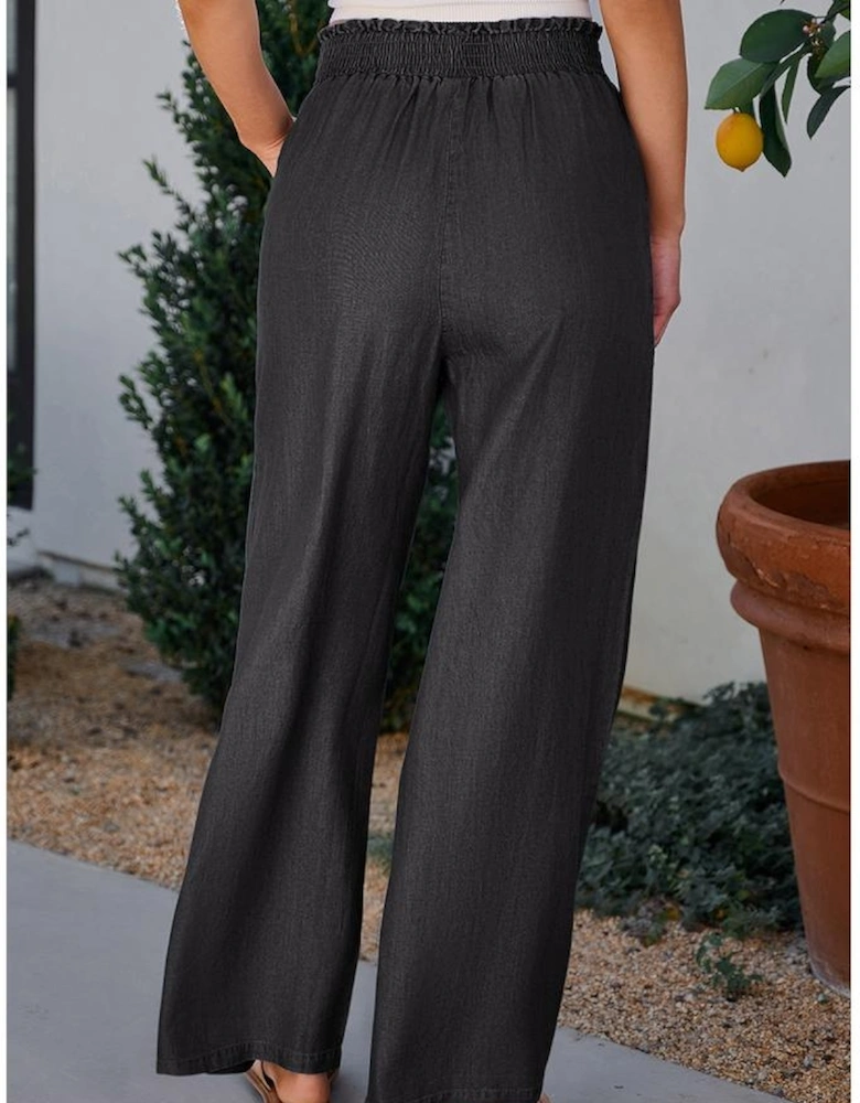Black Side Pockets Frilled Smocked High Waist Wide Leg Jeans
