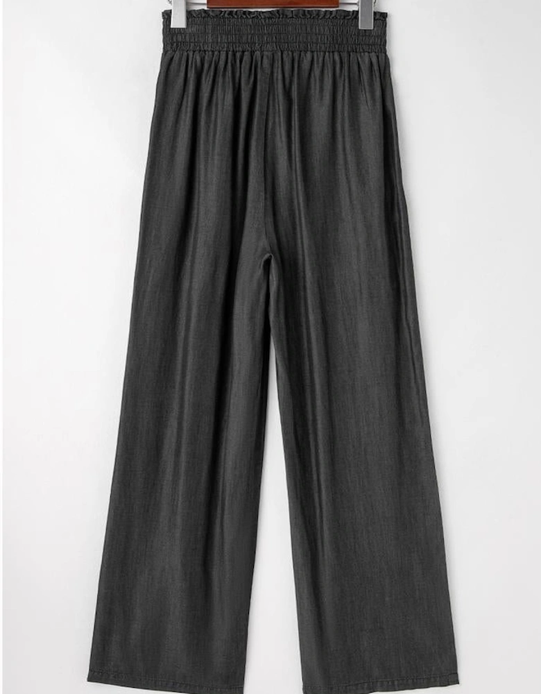 Black Side Pockets Frilled Smocked High Waist Wide Leg Jeans