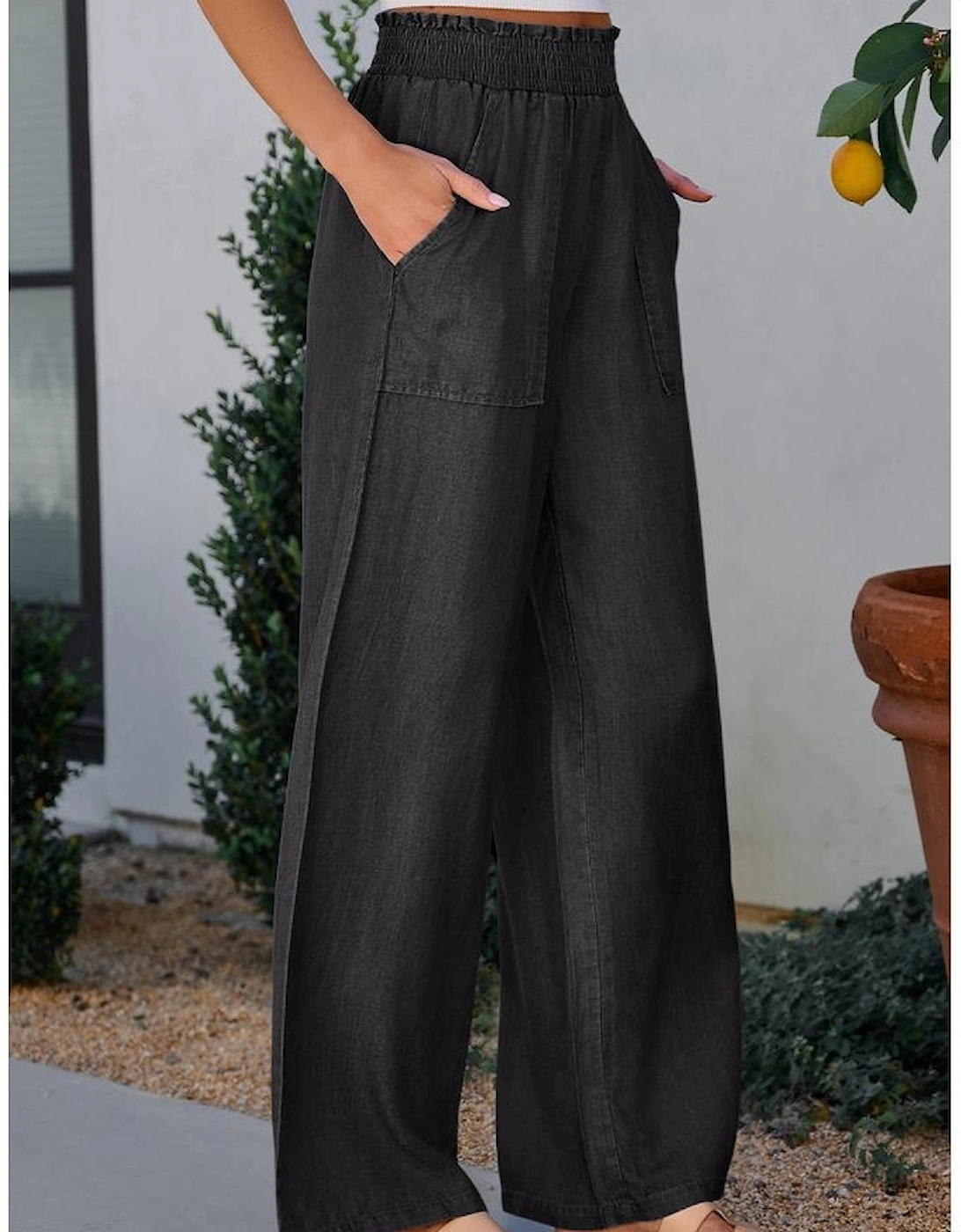 Black Side Pockets Frilled Smocked High Waist Wide Leg Jeans