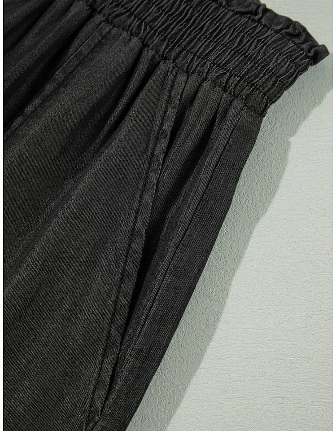 Black Side Pockets Frilled Smocked High Waist Wide Leg Jeans
