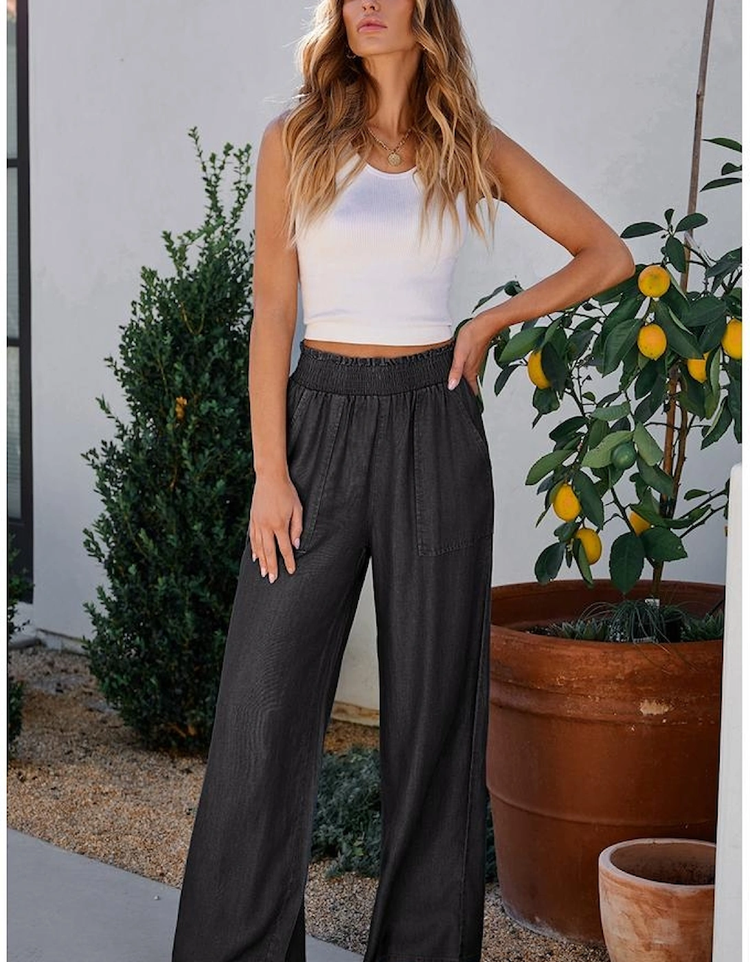 Black Side Pockets Frilled Smocked High Waist Wide Leg Jeans