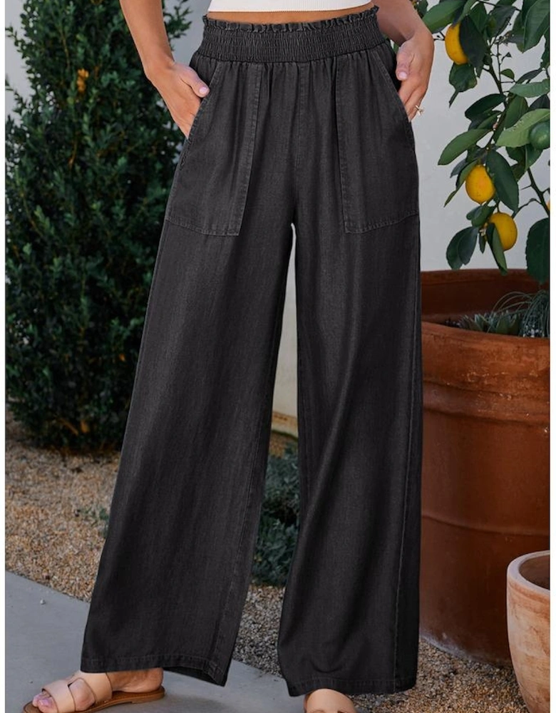 Black Side Pockets Frilled Smocked High Waist Wide Leg Jeans