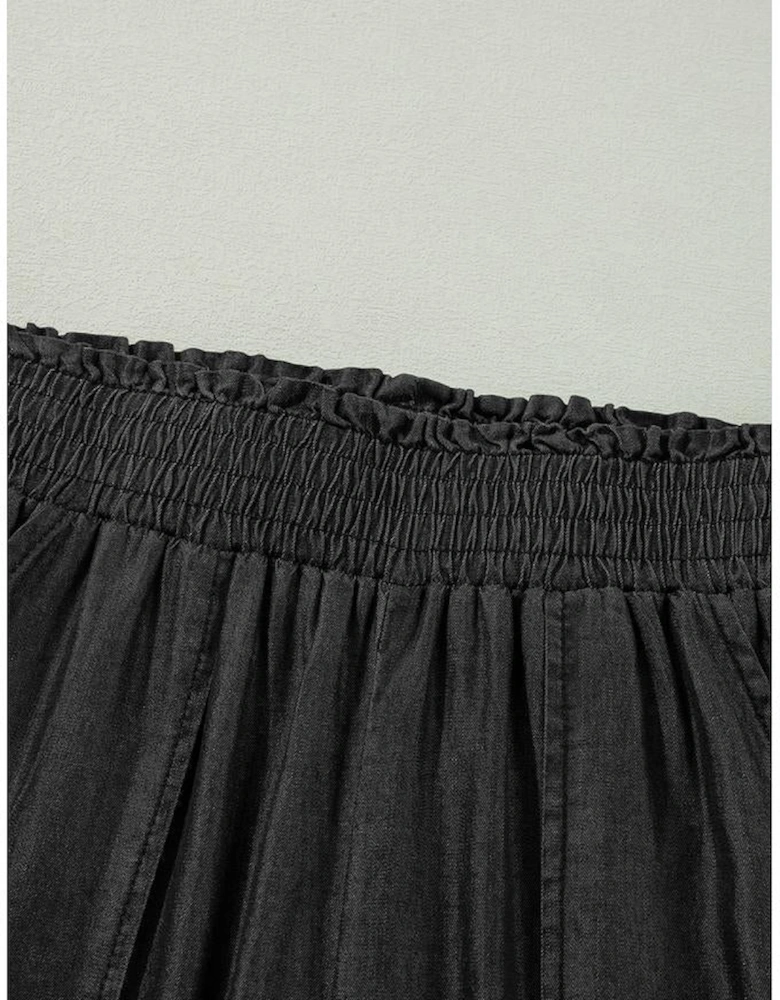 Black Side Pockets Frilled Smocked High Waist Wide Leg Jeans