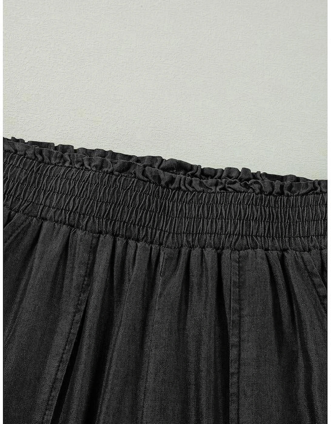 Black Side Pockets Frilled Smocked High Waist Wide Leg Jeans