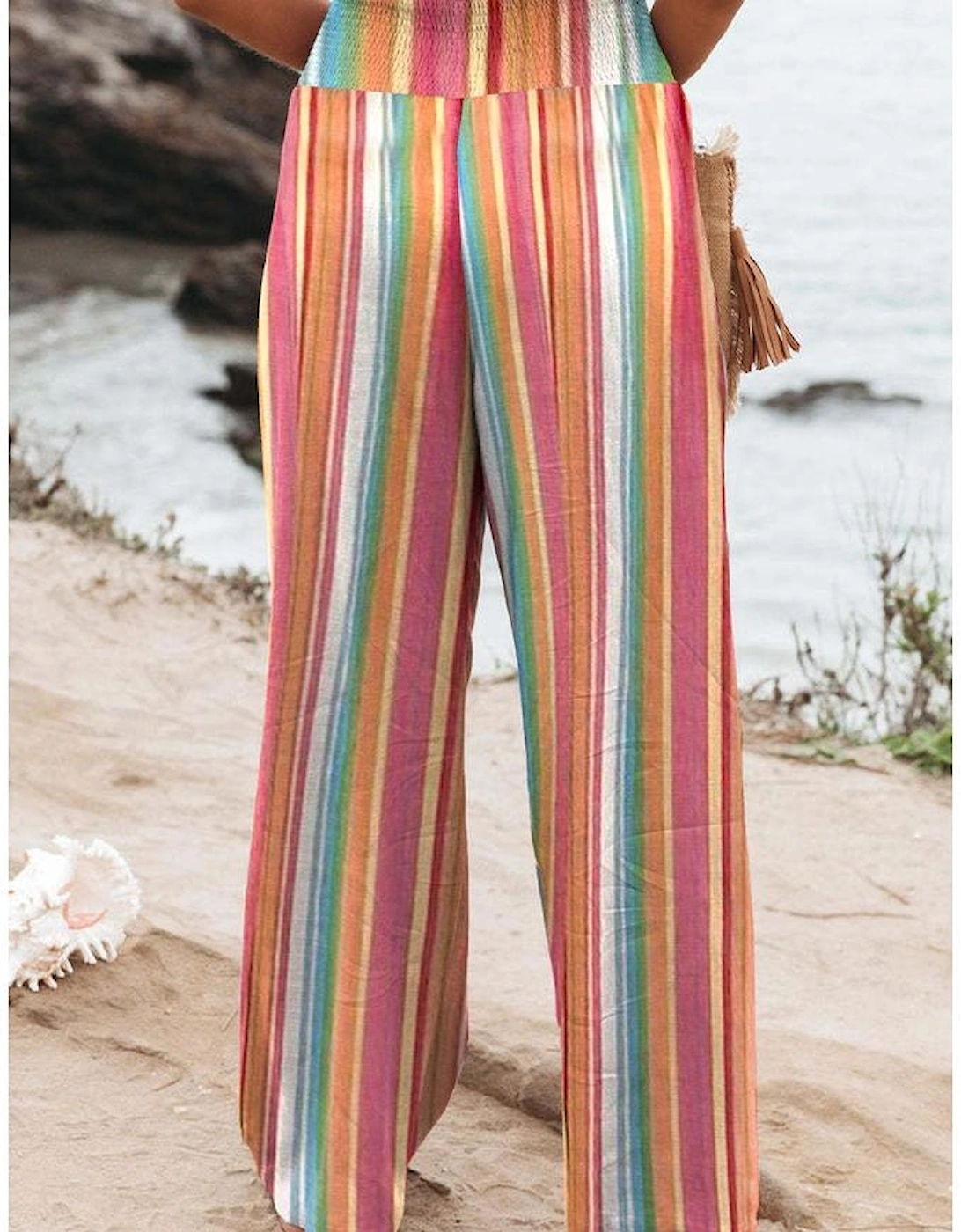 Multicolor Striped Smocked High Waist Wide Leg Pants