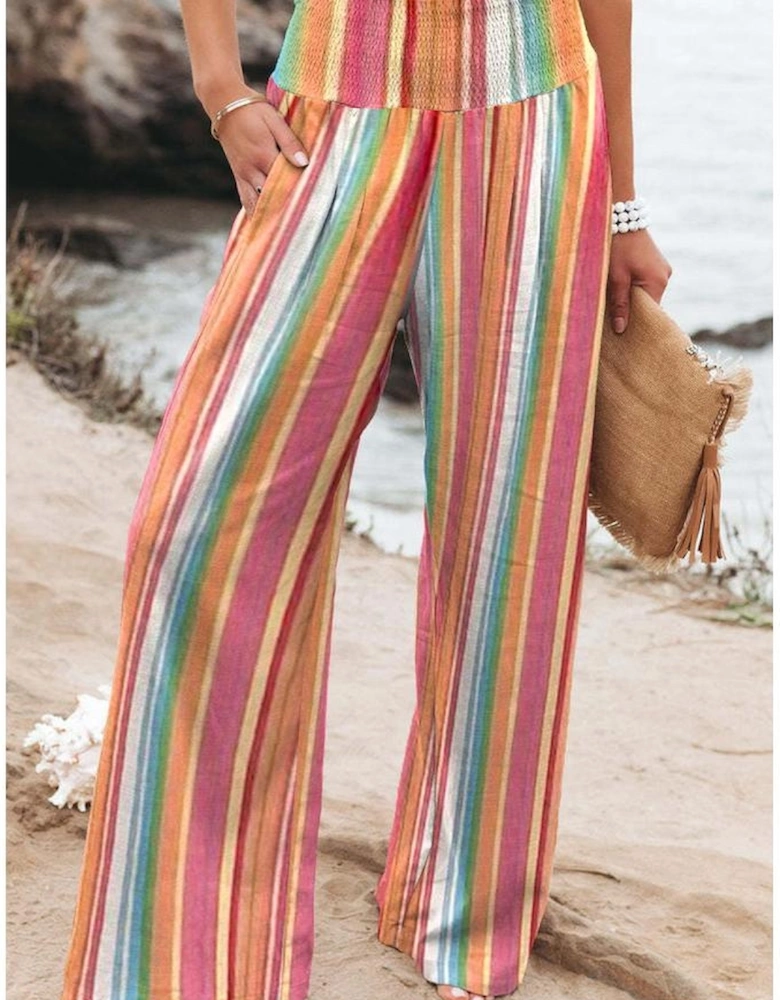 Multicolor Striped Smocked High Waist Wide Leg Pants