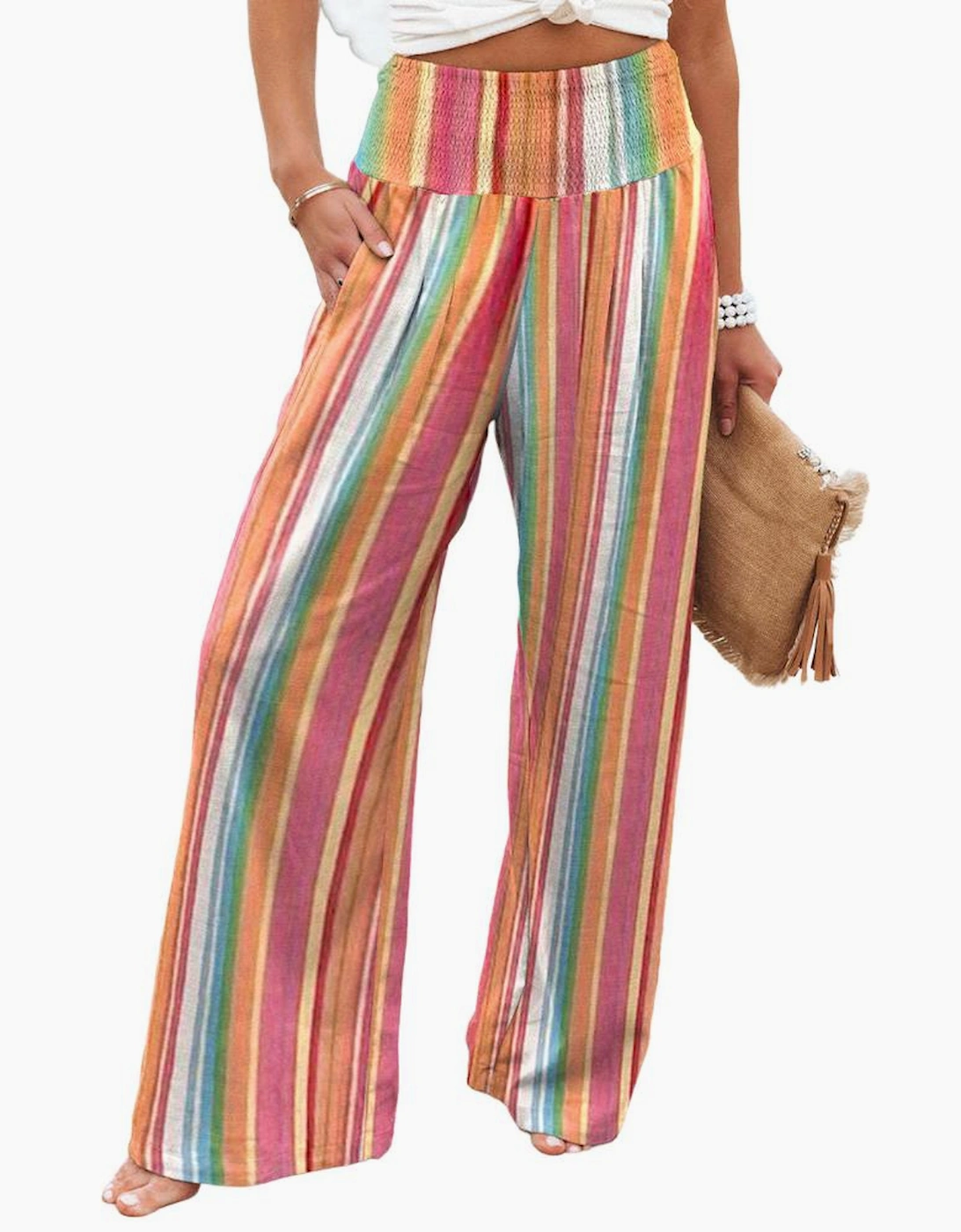 Multicolor Striped Smocked High Waist Wide Leg Pants