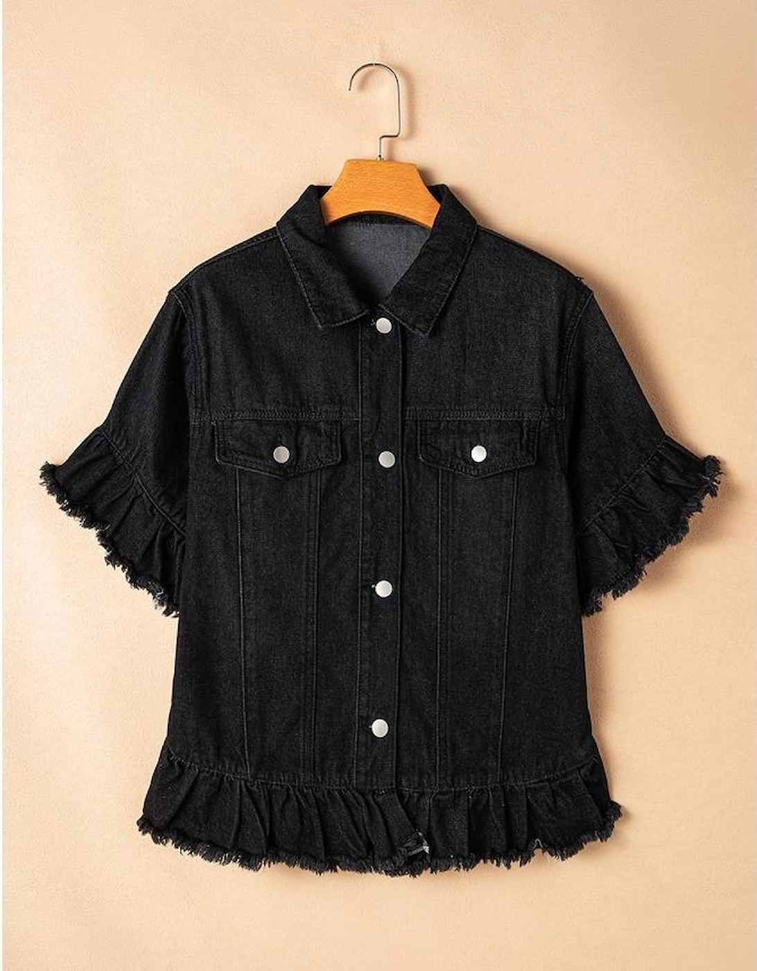 Black Raw Edge Ruffled Short Sleeve Denim Jacket