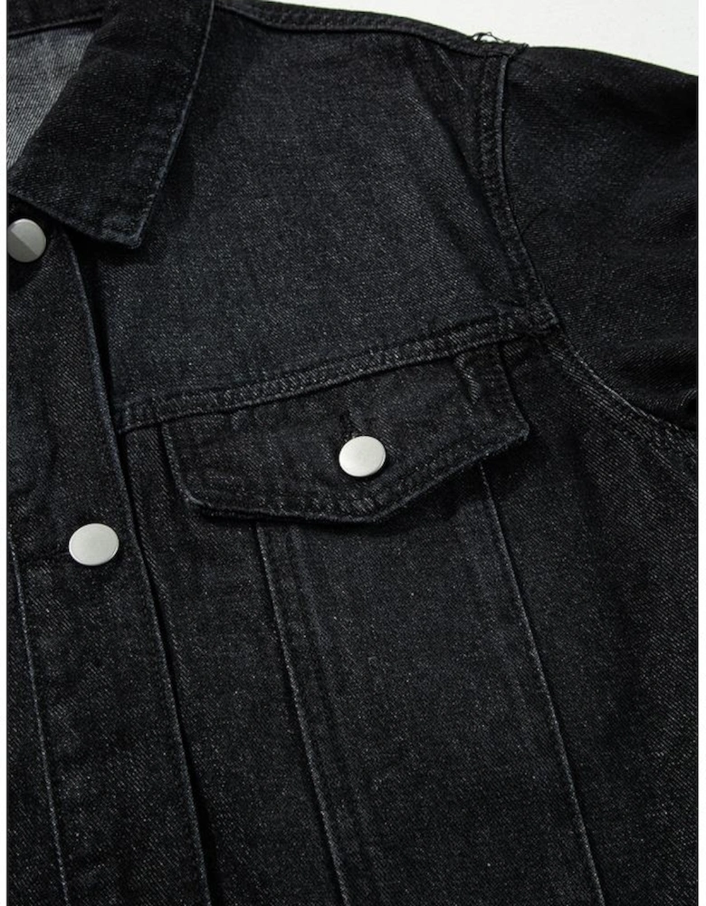 Black Raw Edge Ruffled Short Sleeve Denim Jacket