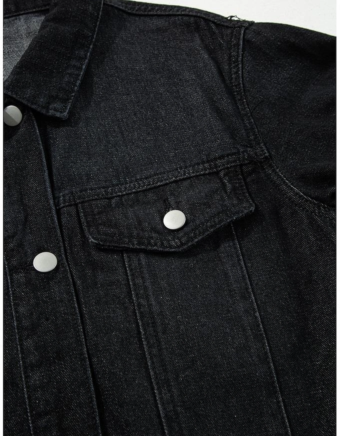 Black Raw Edge Ruffled Short Sleeve Denim Jacket