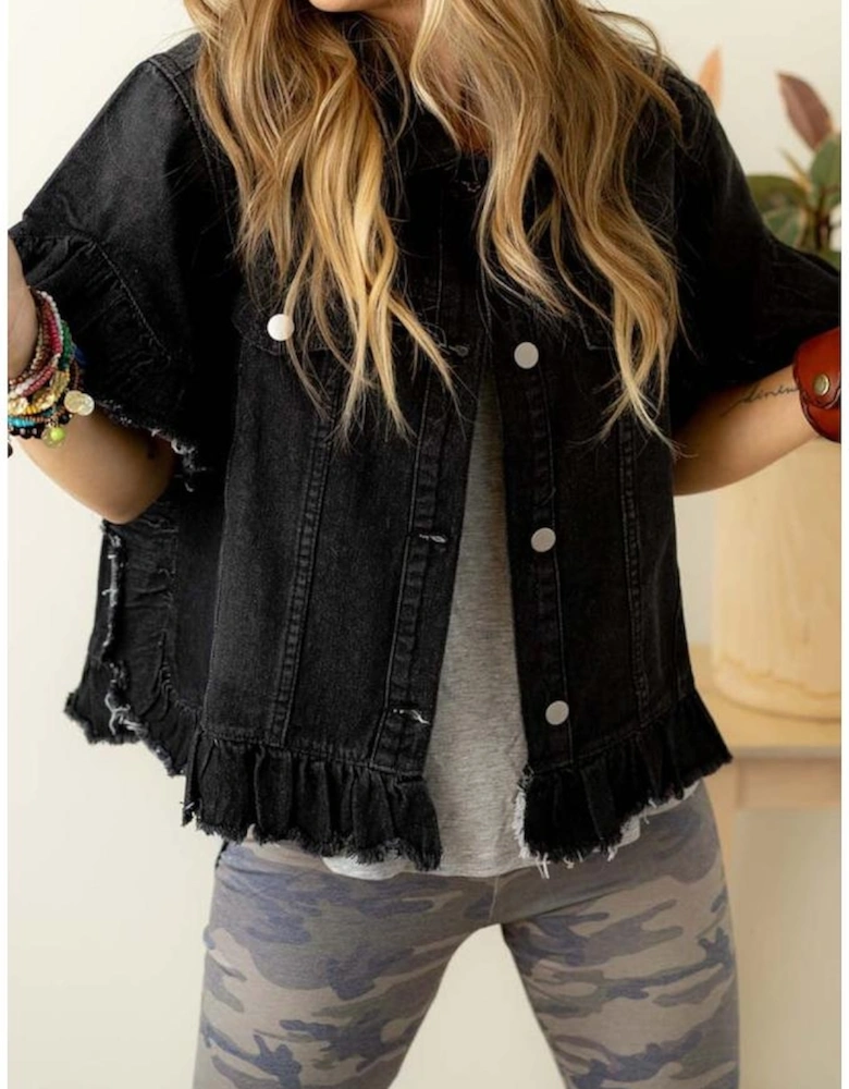 Black Raw Edge Ruffled Short Sleeve Denim Jacket