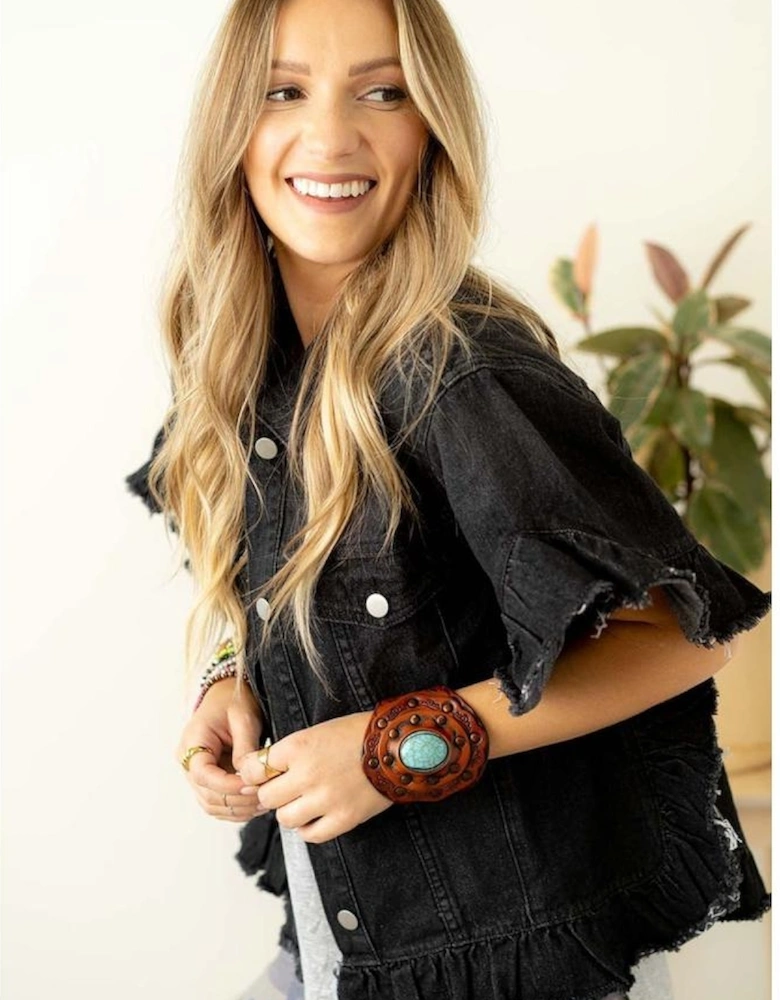 Black Raw Edge Ruffled Short Sleeve Denim Jacket