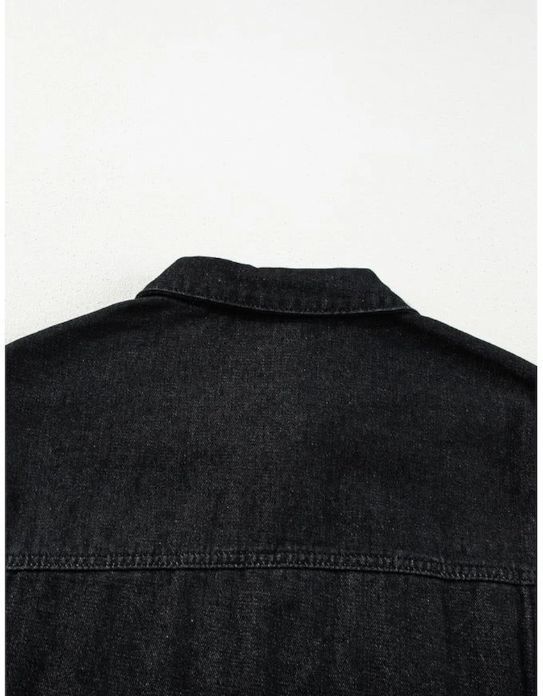 Black Raw Edge Ruffled Short Sleeve Denim Jacket