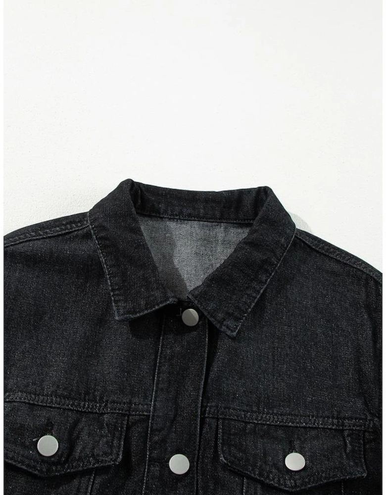 Black Raw Edge Ruffled Short Sleeve Denim Jacket
