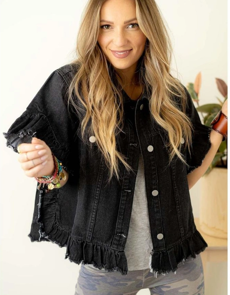 Black Raw Edge Ruffled Short Sleeve Denim Jacket