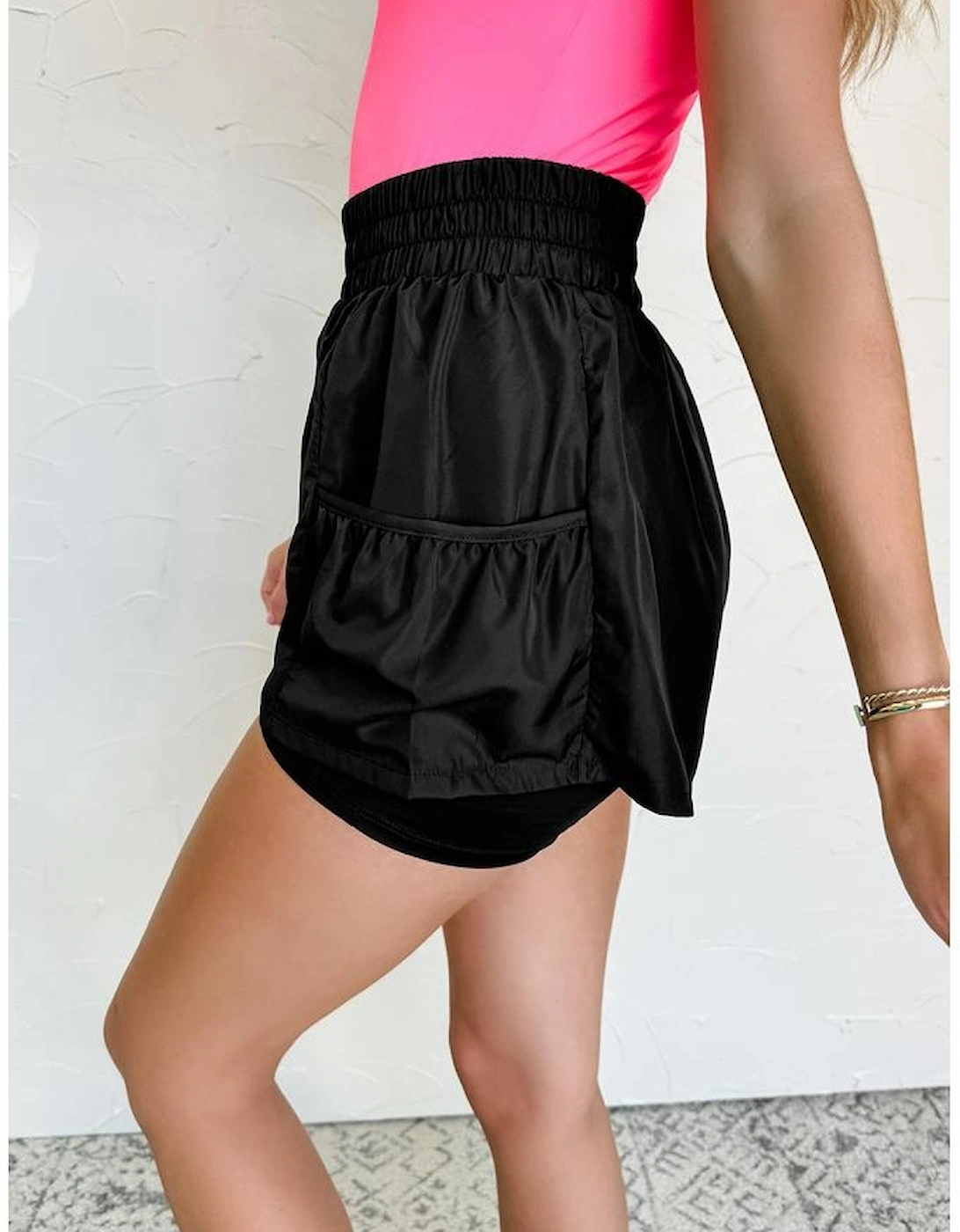 Black Elastic High Waist Pocketed Casual Shorts