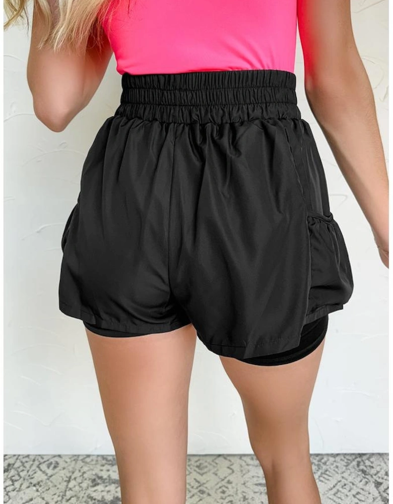 Black Elastic High Waist Pocketed Casual Shorts