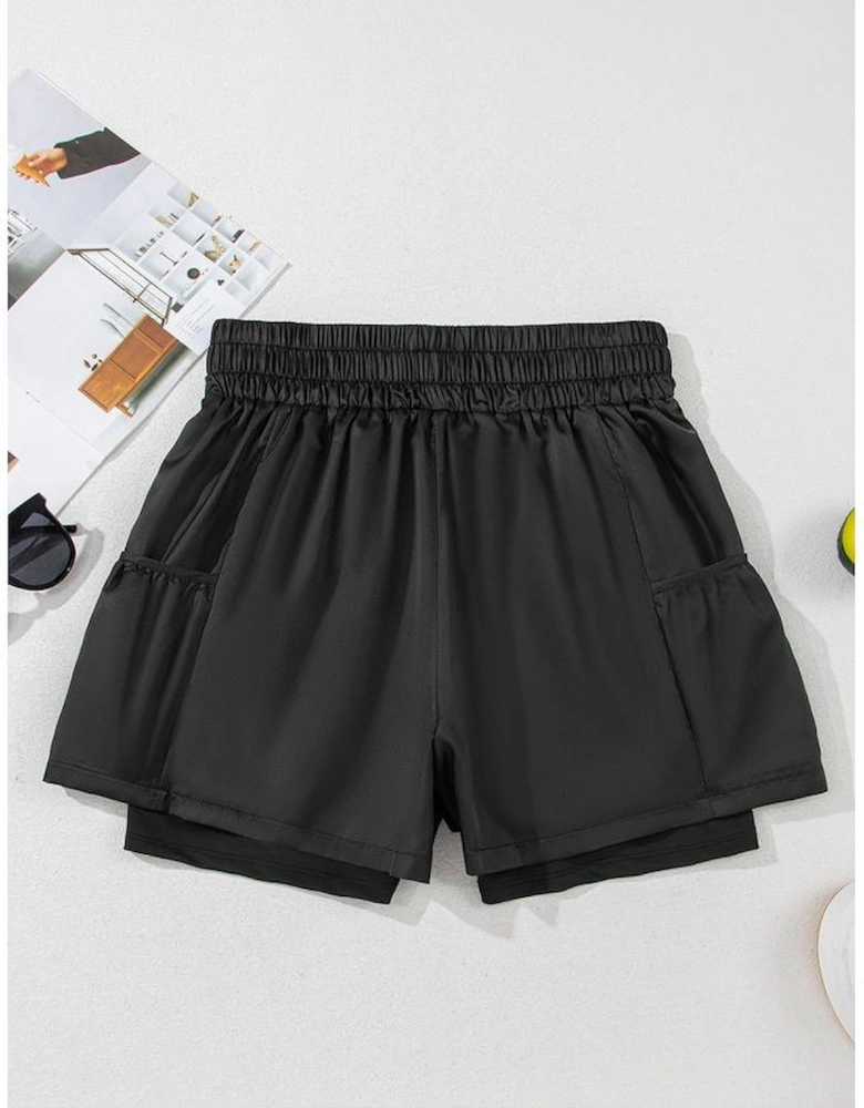 Black Elastic High Waist Pocketed Casual Shorts