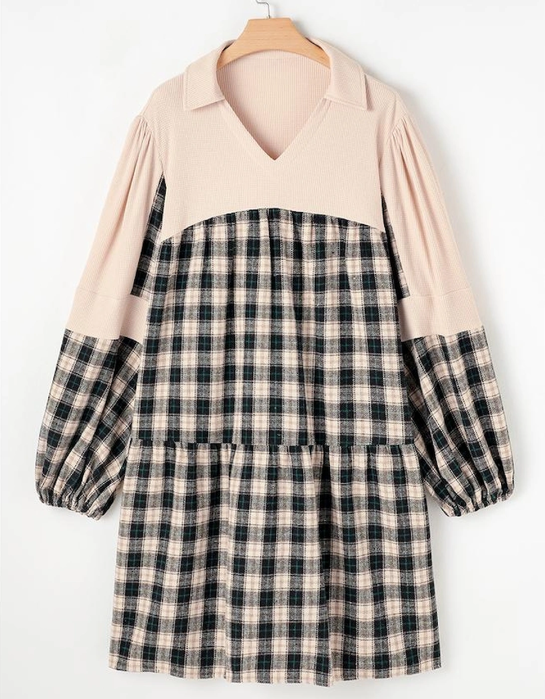 Black Plaid Waffle Knit Patchwork Collared V Neck Plus Size Mini Dress, 11 of 10