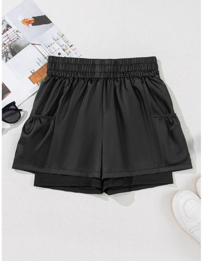 Black Elastic High Waist Pocketed Casual Shorts