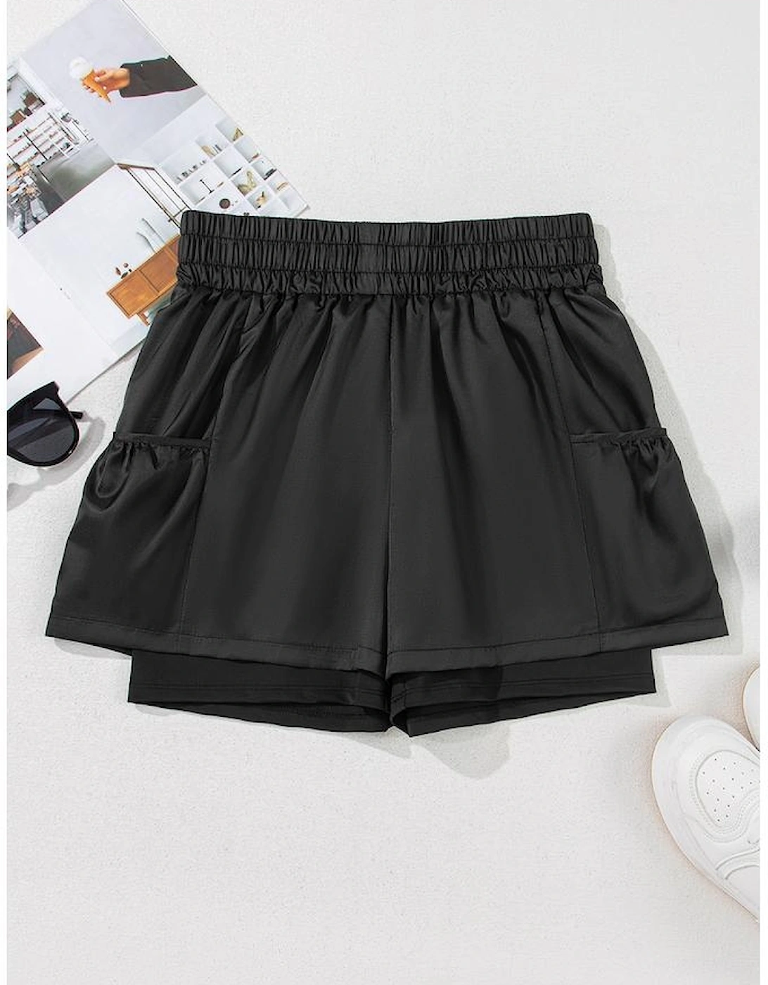Black Elastic High Waist Pocketed Casual Shorts