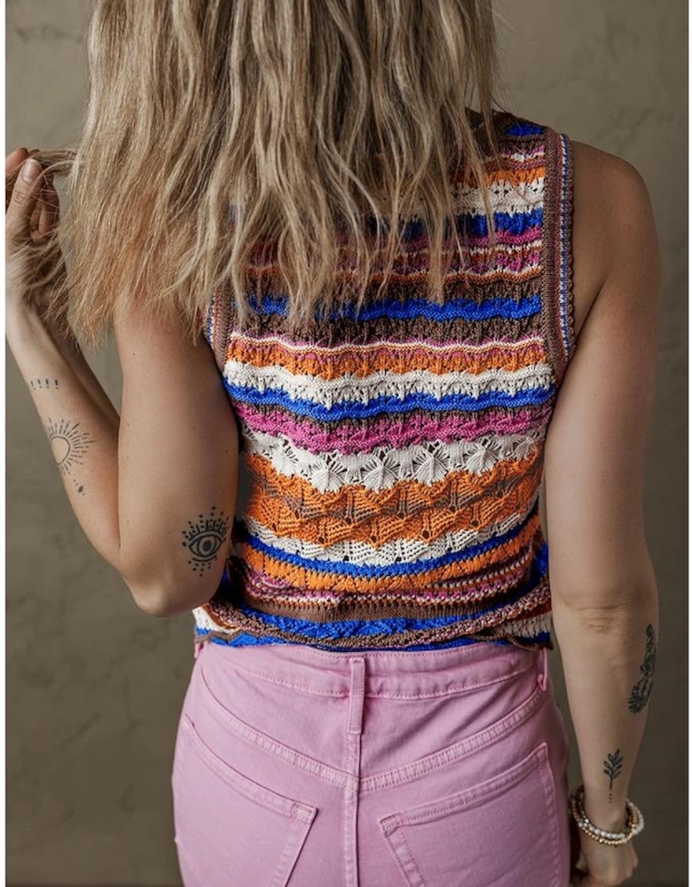 Dark Blue Striped Textured Knit Crew Neck Sweater Vest