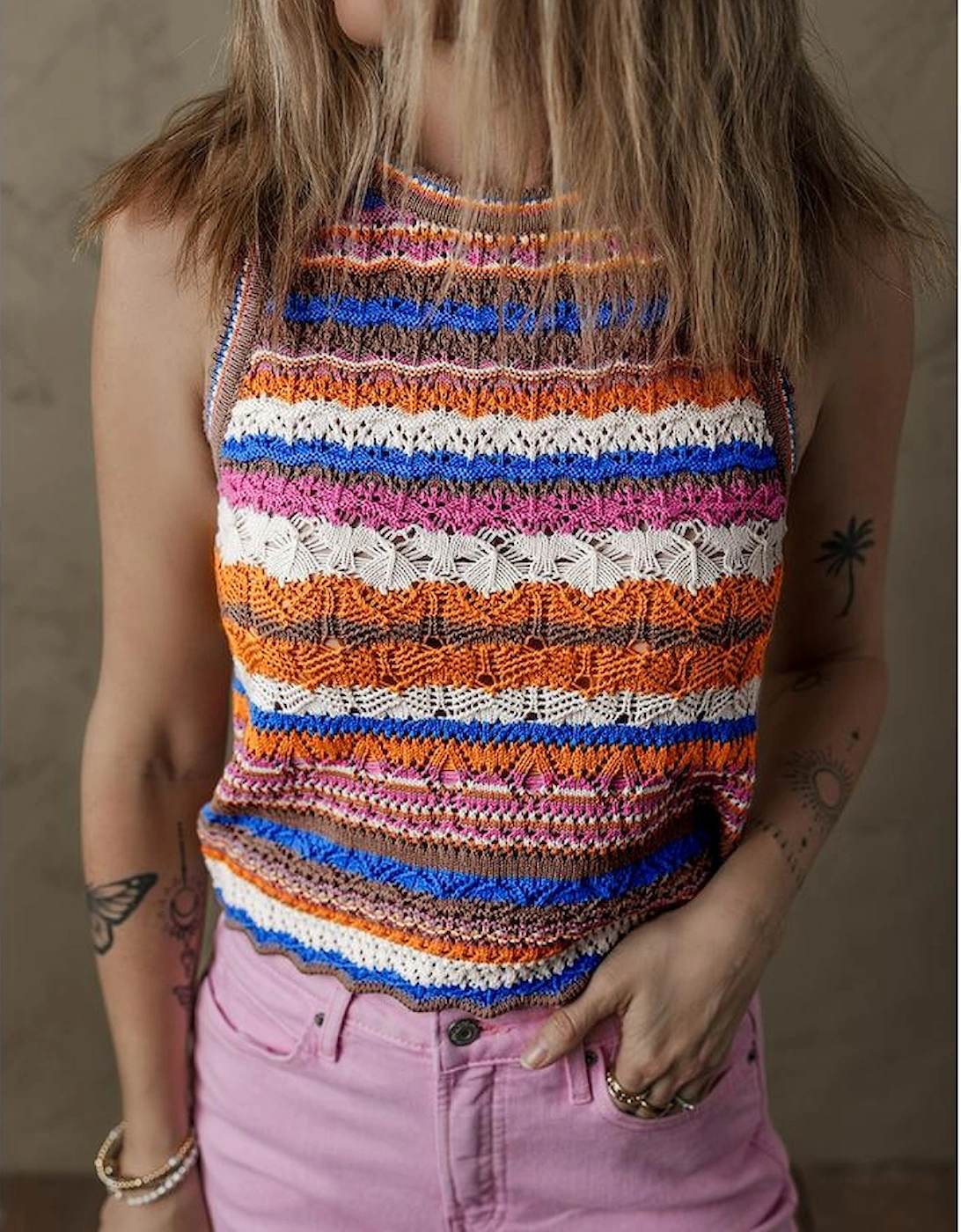 Dark Blue Striped Textured Knit Crew Neck Sweater Vest, 10 of 9