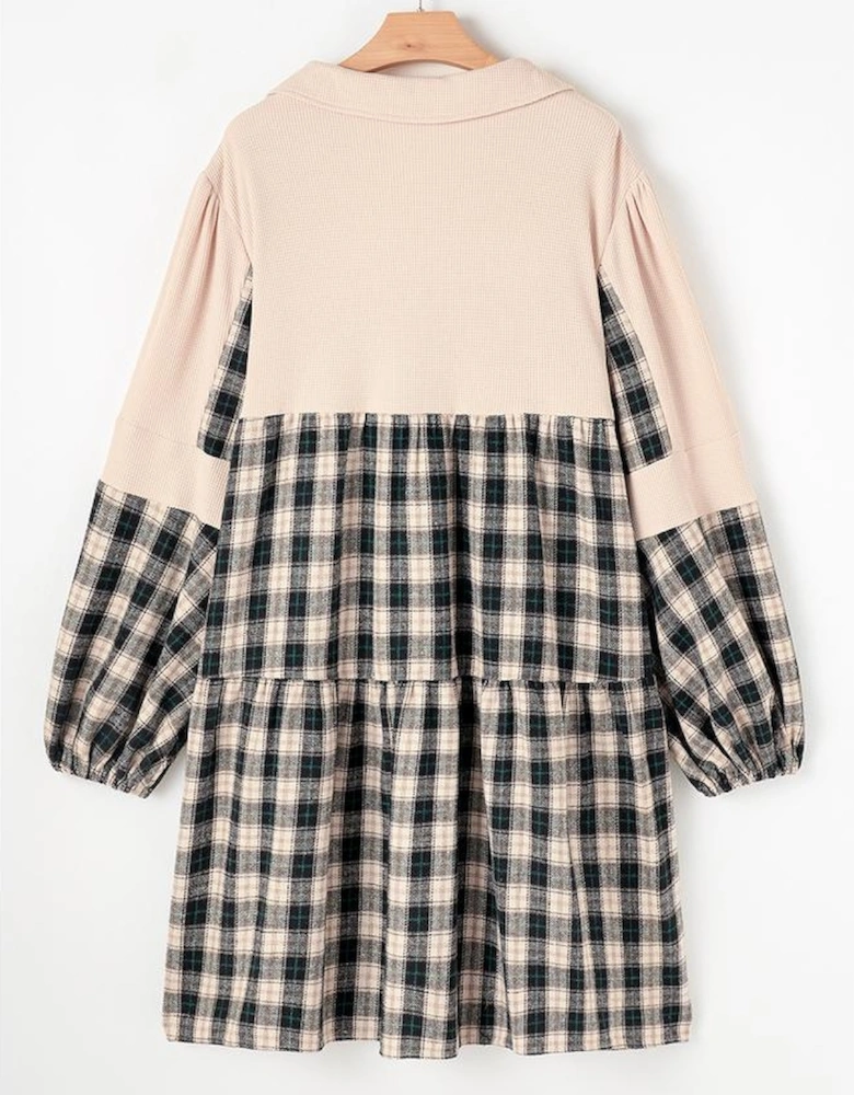 Black Plaid Waffle Knit Patchwork Collared V Neck Plus Size Mini Dress
