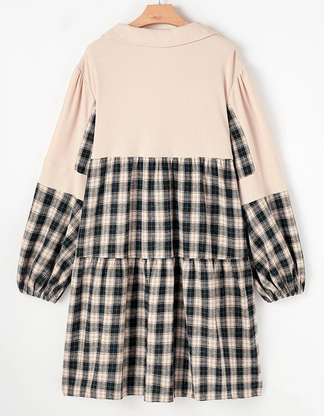 Black Plaid Waffle Knit Patchwork Collared V Neck Plus Size Mini Dress