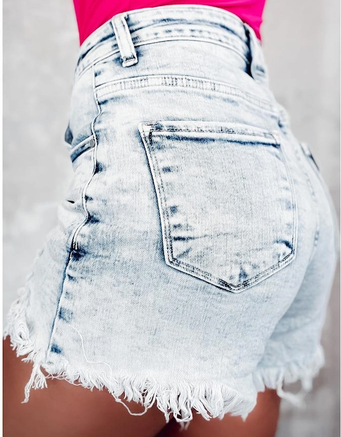 Light Blue Acid Wash Crossed Raw Edge Denim Shorts, 12 of 11