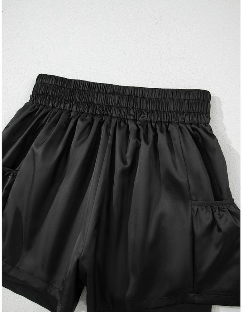 Black Elastic High Waist Pocketed Casual Shorts