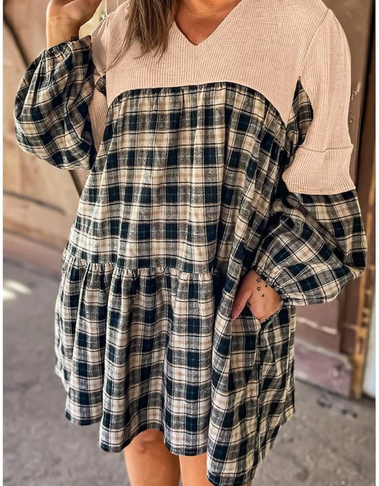 Black Plaid Waffle Knit Patchwork Collared V Neck Plus Size Mini Dress