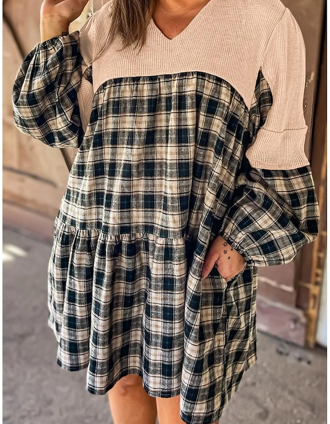 Black Plaid Waffle Knit Patchwork Collared V Neck Plus Size Mini Dress