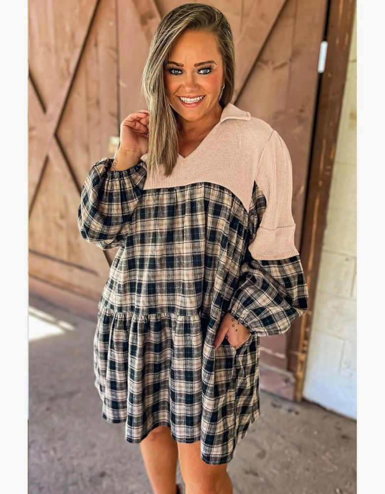Black Plaid Waffle Knit Patchwork Collared V Neck Plus Size Mini Dress