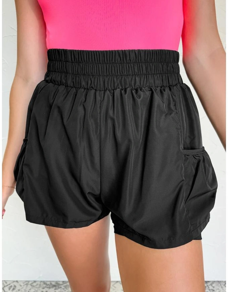 Black Elastic High Waist Pocketed Casual Shorts