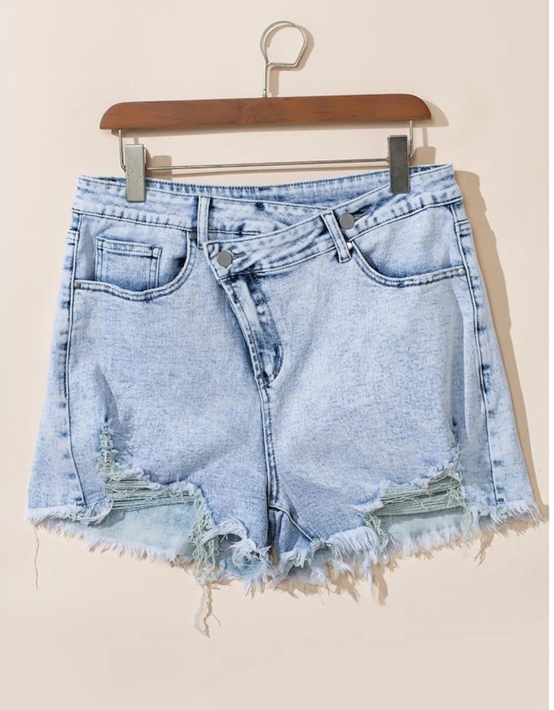 Light Blue Acid Wash Crossed Raw Edge Denim Shorts