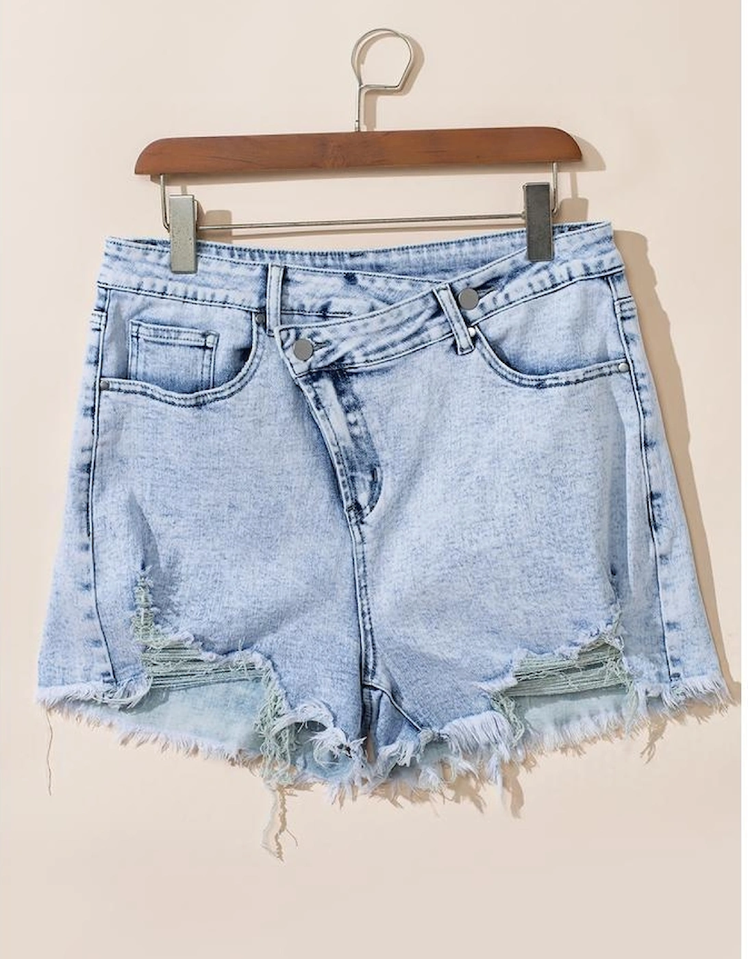Light Blue Acid Wash Crossed Raw Edge Denim Shorts