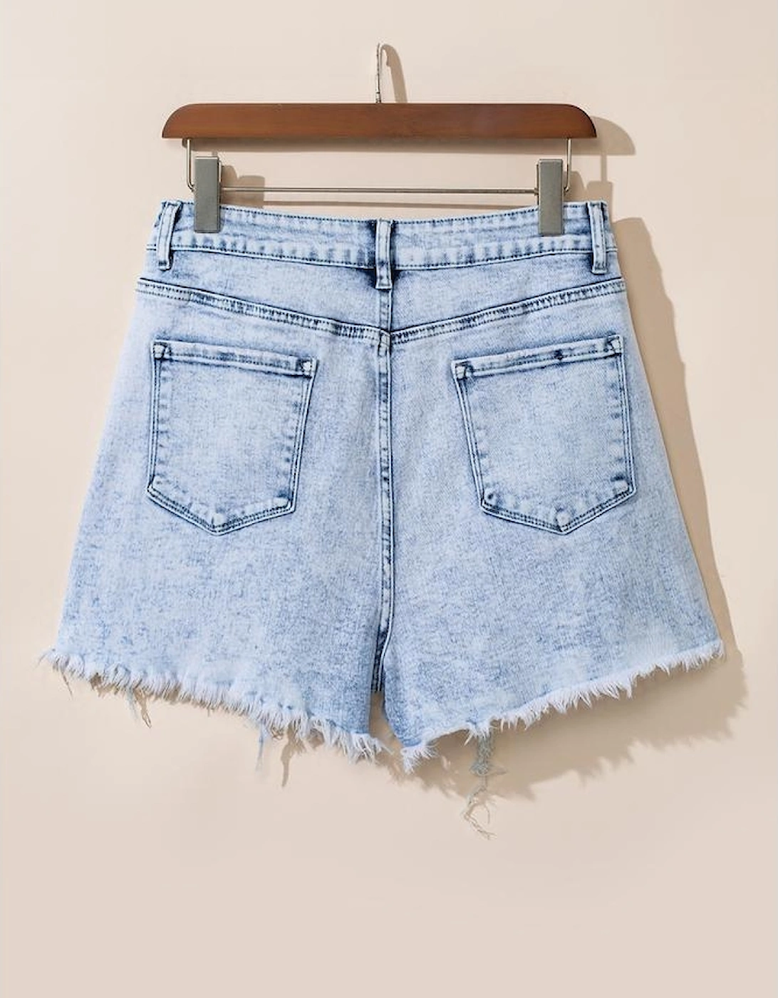 Light Blue Acid Wash Crossed Raw Edge Denim Shorts