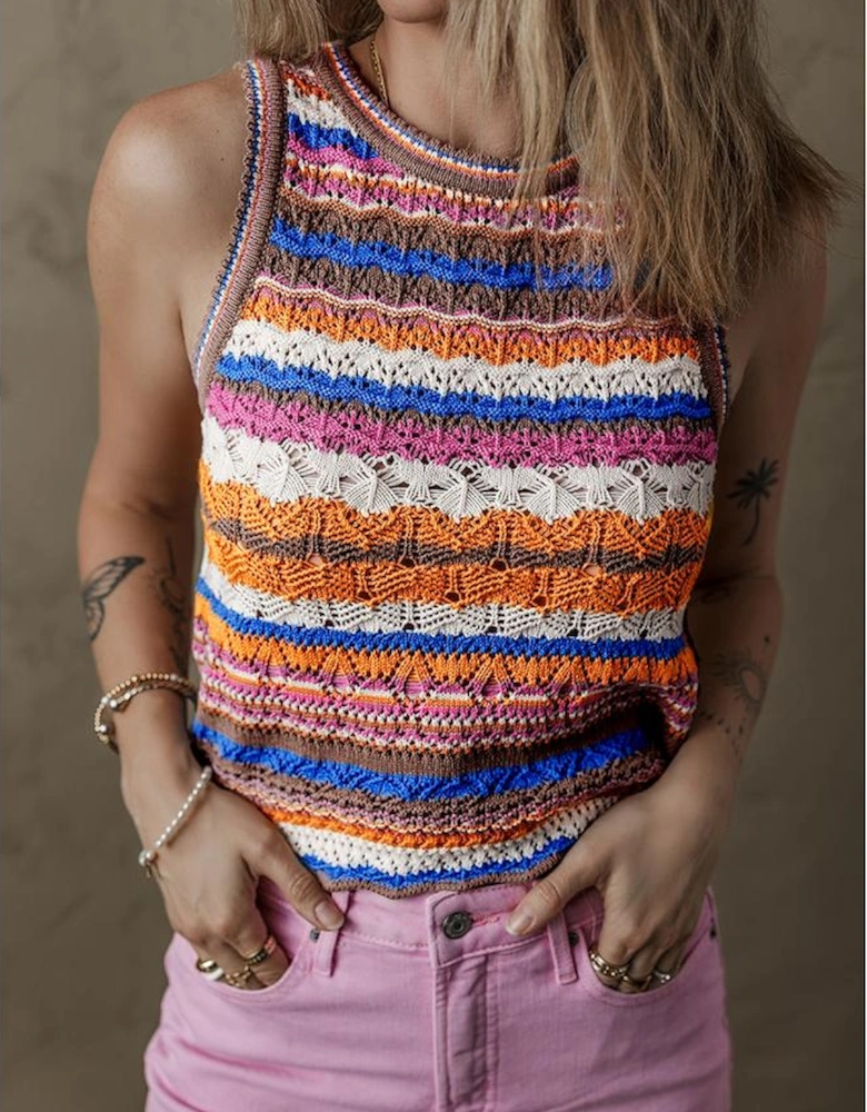 Dark Blue Striped Textured Knit Crew Neck Sweater Vest