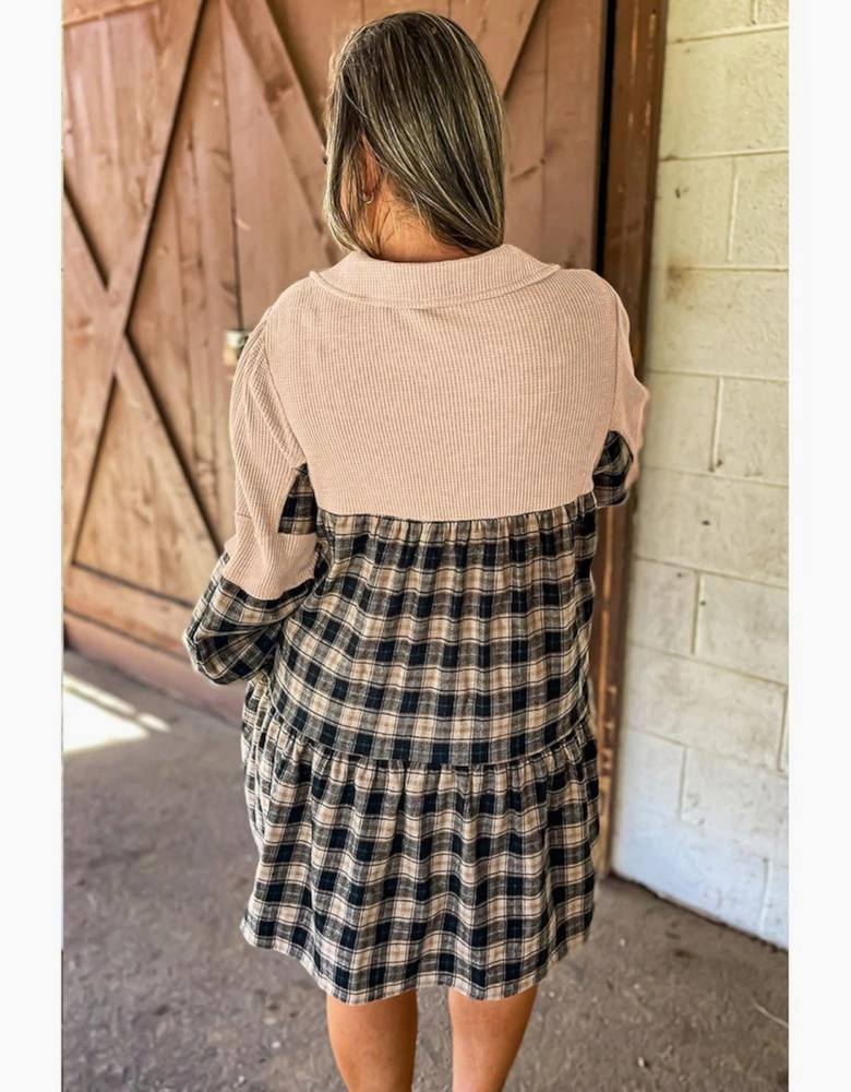 Black Plaid Waffle Knit Patchwork Collared V Neck Plus Size Mini Dress