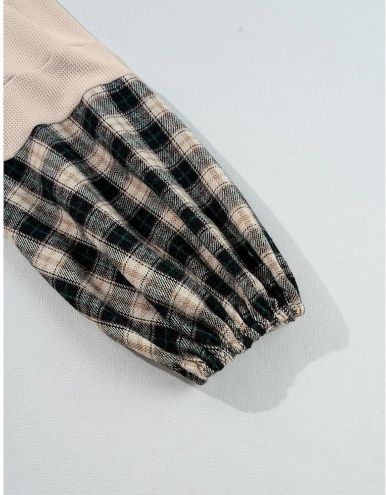 Black Plaid Waffle Knit Patchwork Collared V Neck Plus Size Mini Dress