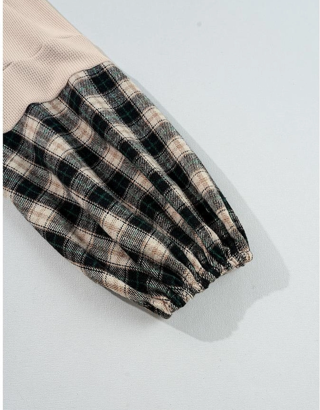 Black Plaid Waffle Knit Patchwork Collared V Neck Plus Size Mini Dress