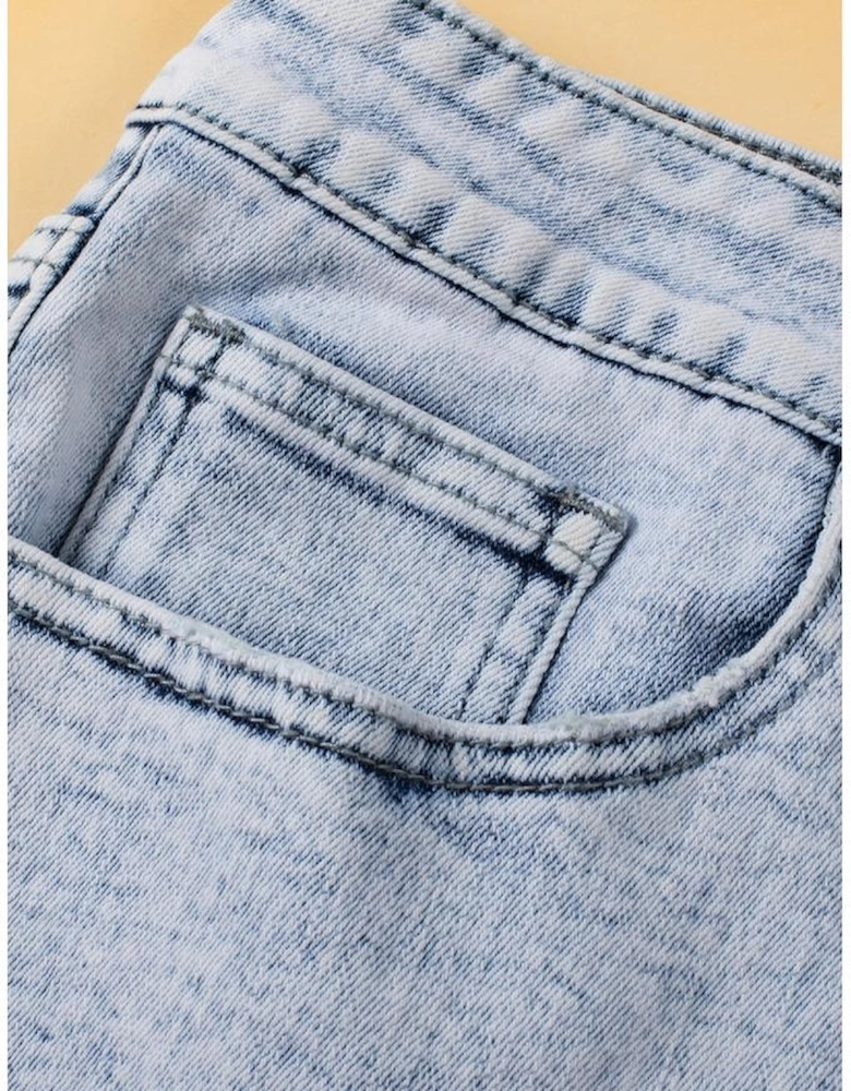 Light Blue Acid Wash Crossed Raw Edge Denim Shorts