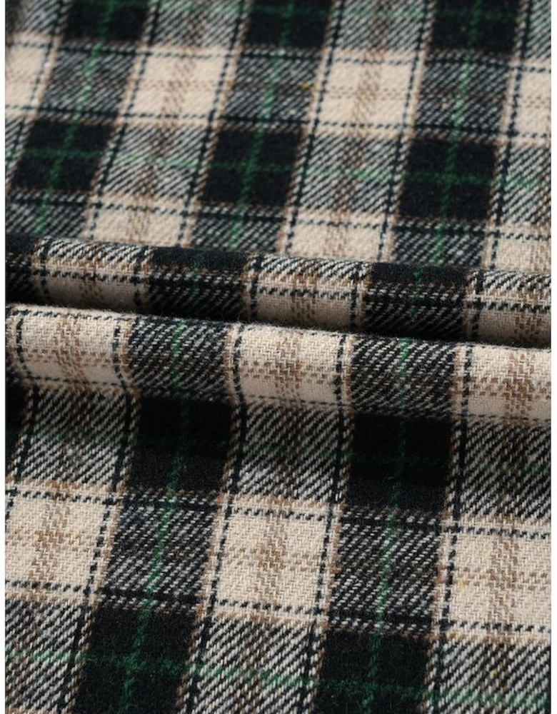 Black Plaid Waffle Knit Patchwork Collared V Neck Plus Size Mini Dress