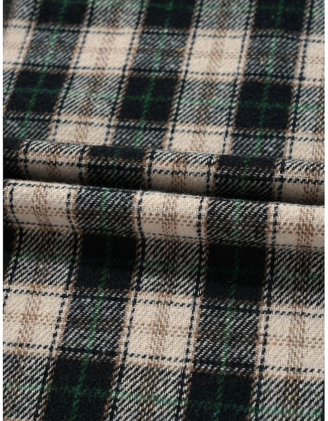 Black Plaid Waffle Knit Patchwork Collared V Neck Plus Size Mini Dress