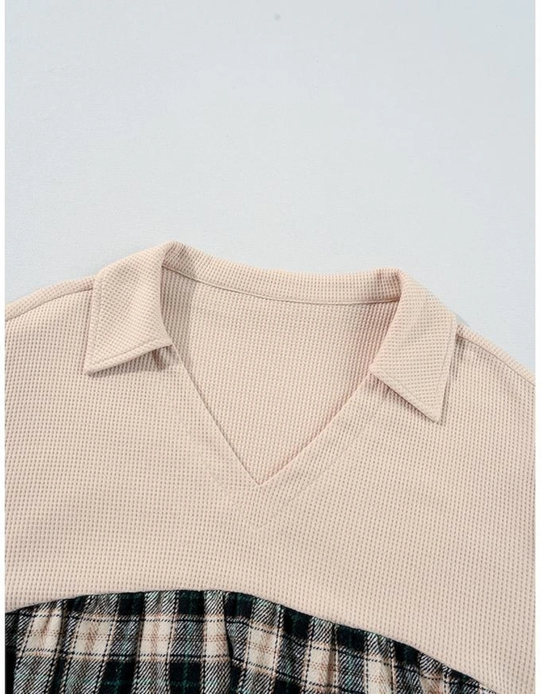 Black Plaid Waffle Knit Patchwork Collared V Neck Plus Size Mini Dress