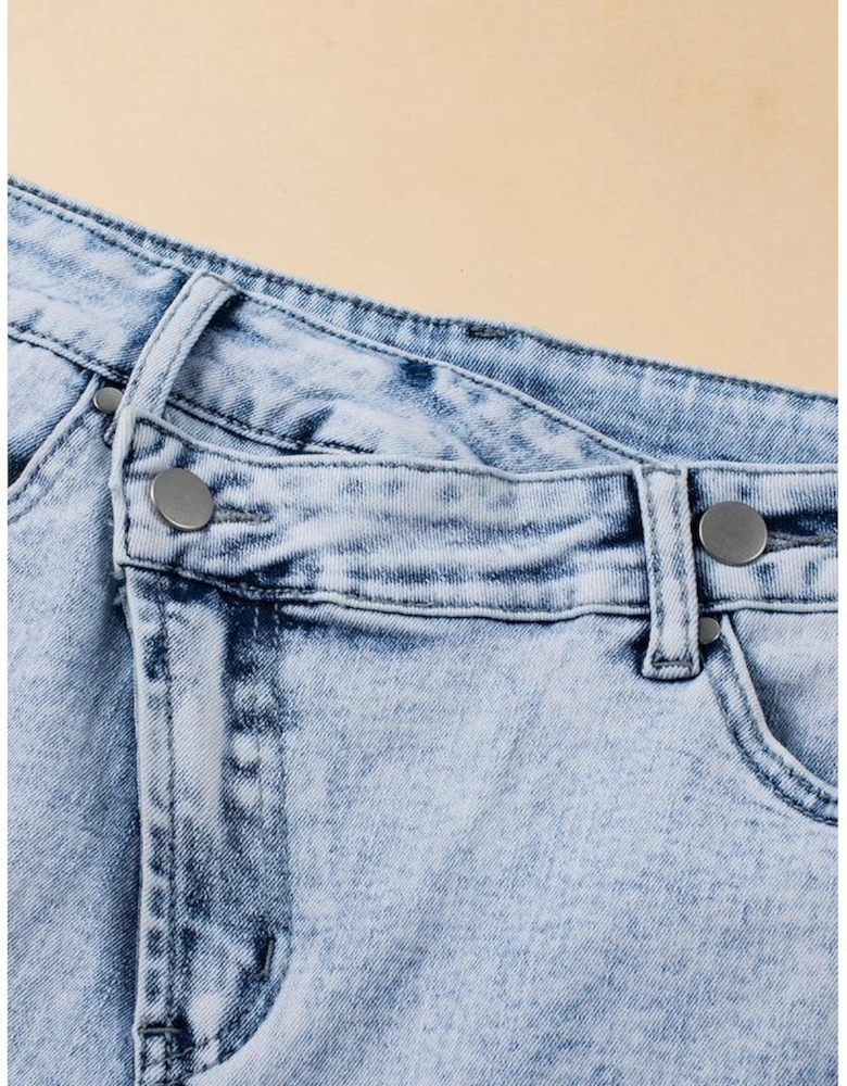 Light Blue Acid Wash Crossed Raw Edge Denim Shorts