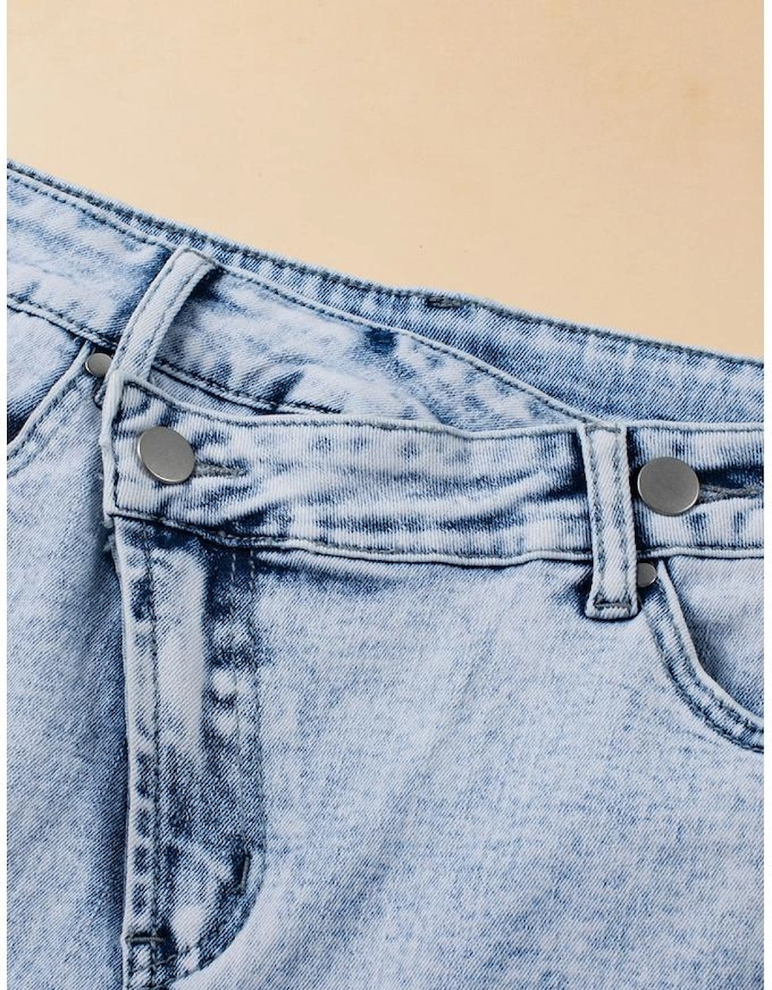 Light Blue Acid Wash Crossed Raw Edge Denim Shorts